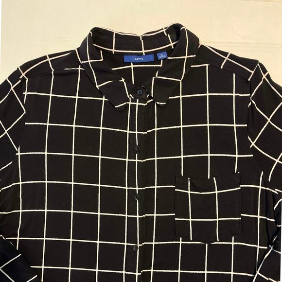 Black White Checked Tunic Top Womens Size XL Button Down Stretch Work Travel - Picture 3 of 15